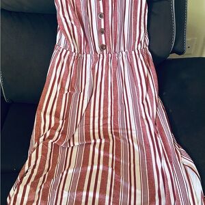 Brick Red and White Striped Button-Down Dress